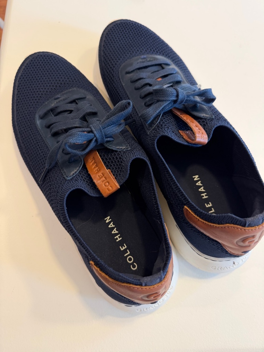 Cole Haan Navy Knit Sneakers with Brown Leather Accents Sz 13.  Tub6